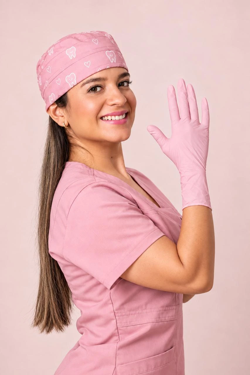 Dra. Paola Carrillo con uniforme rosa, sobre el fondo rosa de su fotografía original